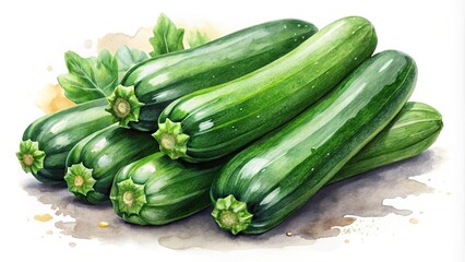 Medium shot fresh green zucchinis isolated on white background in watercolor style