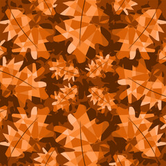 Low poly autumn wallpaper template design. Low poly fall background with orange oak leaves. Vector illustration. EPS10