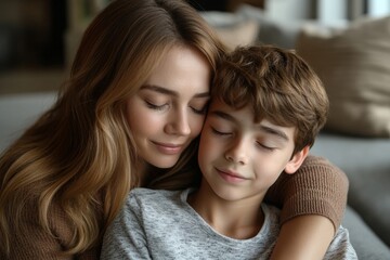 Affectionate empathic caring mom and teen son hug together sit on floor in living room at home with closed eyes. Family supporting helping. Mother comforting consoling boy. Teenage, Generative AI