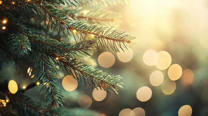 Close-up of evergreen branches adorned with sparkling festive lights, capturing the essence of celebration and warmth during the holiday season.