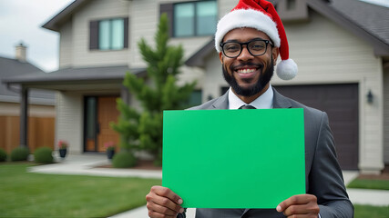 A smiling African American man working as a real estate agent, wearing a business suit, and Santa's hat holds a blank green paper in front of a new house. 