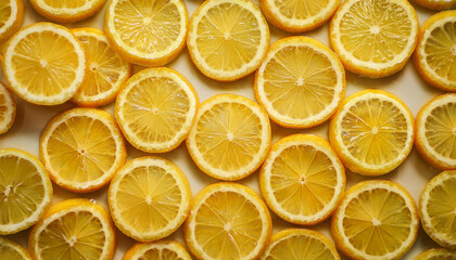 Bright yellow lemon slices. Tasty fruit. Natural and healthy citrus. Abstract pattern. Top view.