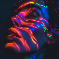 Wall Mural - Abstract face with digital light reflections, exploring the intersection of art, technology, and human identity.