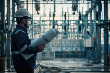 Electrical engineer holding blueprints inspecting power grid under construction