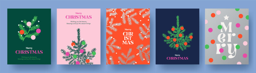 Wall Mural - merry christmas greeting card set. modern beautiful art xmas design with typography, snow, christmas
