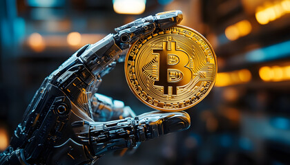 Wall Mural - a close-up image of a robotic hand holding a gleaming bitcoin coin. the background features futurist