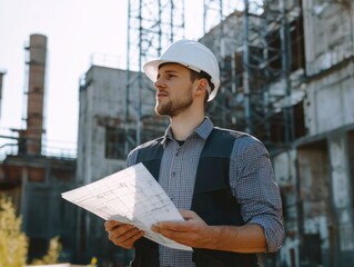 Young male architect discussing an industrial project on site