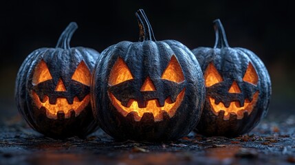 Group of glowing jack-o'-lanterns with menacing carved faces alongside dark pumpkins on a black background Generative AI