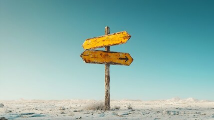 Rustic wooden signpost standing alone in the middle of a vast untamed wilderness with weathered arrows pointing in different directions