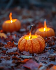 Canvas Print - halloween pumpkins with candles on autumn leaves