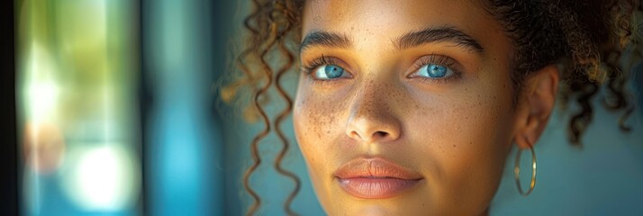 Wall Mural - A close-up portrait of a woman with striking blue eyes and natural curls, capturing the warm glow of afternoon light. Generative AI