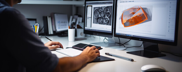 A person using dual computer monitors for 3D modeling and design work in a modern office during daytime hours