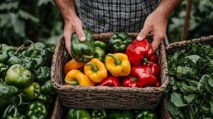 Wall Mural - Close-up of a man's hands holding a basket full of colorful bell peppers.