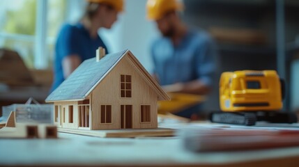 model of a house and construction equipment on a table, with two people working facing each other be