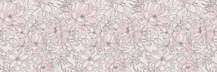 Wall Mural - vintage floral banner, hand drawn elegant flower print, peony illustration wallpaper, seamless repea