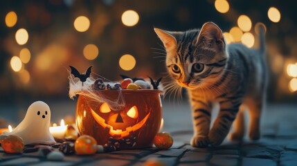 Cute tabby cat walking near a candy bucket with spider webs ghosts bats and glowing candle lights in the evening