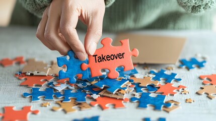 The final puzzle piece labeled  Takeover  slots into place signifying the completion of a strategic plan or goal  This conceptual image represents the successful acquisition merger