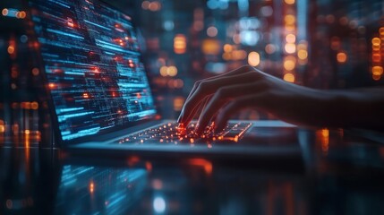 Close-up of hands typing on a laptop keyboard with glowing blue code and a city lights background.