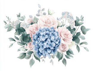 Wall Mural - 2408 34.A pastel-toned wedding bouquet set featuring a mix of blue and pink hydrangeas, soft roses, and dahlias, framed by lush greenery and eucalyptus. The floral elements are arranged in elegant