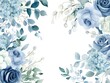 © Sinechana - 2408 38.A romantic collection of dusty blue flowers and eucalyptus branches, rendered in soft watercolor and framed in elegant vector borders. The design highlights hand-painted roses and hydrangeas,
