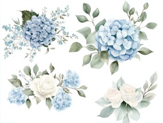 Wall Mural - 2408 37.A set of hand-painted floral frames featuring dusty blue hydrangeas, pale roses, and flowing eucalyptus leaves. The elegant watercolor elements are arranged on a crisp white background,