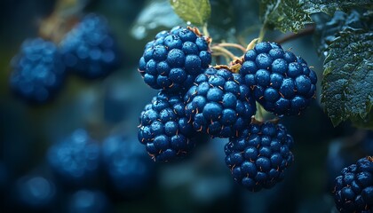 Wall Mural - Closeup of blueberries on a blueberry plant. Ripe, vibrant blue berries surrounded by green leaves, highlighting natural texture and freshness. Perfect for nature-themed designs and gardening