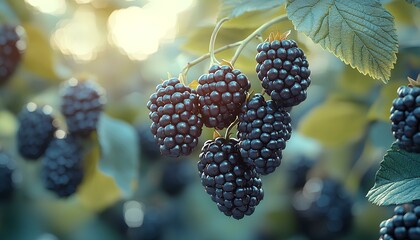 Wall Mural - Closeup of blueberries on a blueberry plant. Ripe, vibrant blue berries surrounded by green leaves, highlighting natural texture and freshness. Perfect for nature-themed designs and gardening