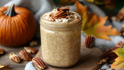 a cozy jar of pumpkin spice overnight oats; topped with pecans.
