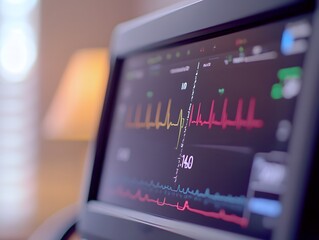 Close-up view of a medical monitor displaying heart rate data and waveforms, essential for patient monitoring.