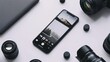 © stock.ai - A photography-oriented phone mockup with advanced camera settings, photo editing tools, and stunning photography samples on a solid white background.