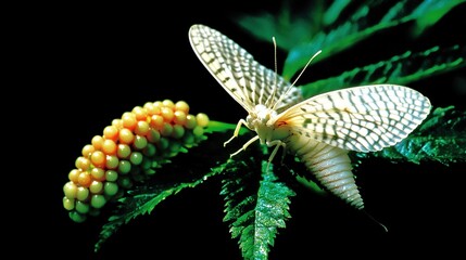 Canvas Print - Close-up of a White Moth with Black Stripes on Green Leaves