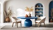© homan - Modern Mediterranean-style dining area with a vibrant blue table, rattan chairs, and woven pendant light. White arched walls, built-in shelves, and natural decor create a serene, stylish atmosphere