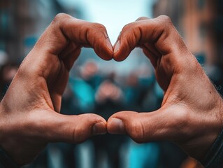 Two hands form a heart shape against a blurred backdrop in an urban setting, symbolizing love and connection amidst the bustling city street life.