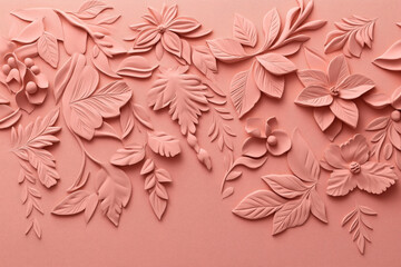 Canvas Print - Textured decorative artwork featuring various intricate floral patterns and leaf designs in a monochromatic pink color scheme. The flowers and leaves have a raised, embossed effect.