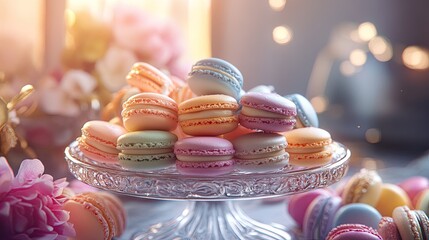 Poster - A beautiful assortment of pastel macaroons arranged on a table, with soft lighting highlighting their delicate and colorful shells.