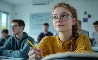 Junge Studentin sitzt im Unterricht und hört aufmersam zu.