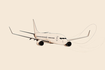 Sticker - Artistic illustration of an airplane in flight, featuring detailed lines and wireframe design elements on a beige background.