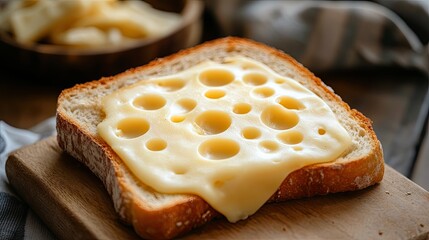 Wall Mural - A delicious cheese slice placed on warm toasted bread, perfect for a savory snack or quick meal, shot in a cozy setting.