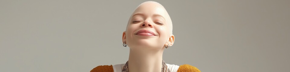 Sticker - A woman with a shaved head and earrings is smiling. She is wearing a yellow sweater. Concept of happiness and warmth