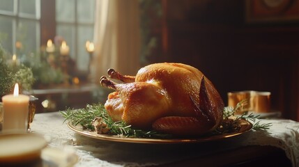 Poster - A golden-brown roasted chicken garnished with rosemary, resting on a warm dining table, ready for a delicious family meal.