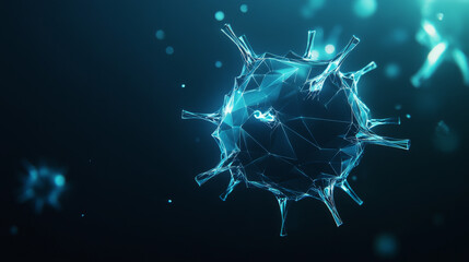 A futuristic web banner design featuring a glowing, low-polygon virus cell against a dark blue background. It warns of a virus epidemic and uses a modern, wireframe style.low poly wireframe.