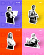 © Lustre Art Group  - Poster. Contemporary art collage. Diverse professionals, each person standing out against brightly colored backgrounds with DIVERSITY in large text behind them. Concept of DEI, diverse team, business.