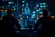 © NEW - Two individuals engage with a holographic figure in a futuristic office setting, showcasing advanced technology and innovation.