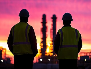 Two workers silhouetted against a vibrant sunset, observing an industrial site with tall towers and machinery in the background.