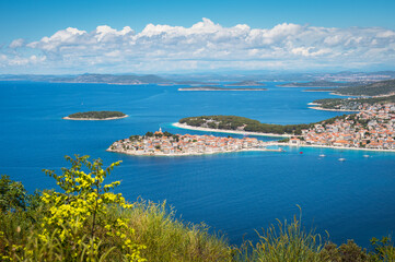 aerial view of primosten old town on the islet, amazing sunny landscape, dalmatia, croatia. famous t