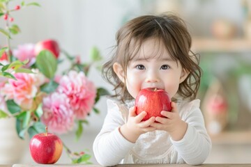 A cheerful child enjoys a bright red apple, surrounded by beautiful flowers, embodying joy and healthy eating.