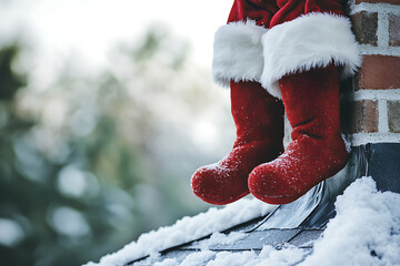 Santa Claus on the roof of the house waiting for Christmas