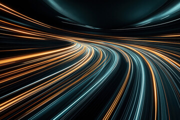 Poster - Abstract light trails creating a dynamic curved path in a dark tunnel, featuring orange and blue illuminated lines suggesting motion and speed.