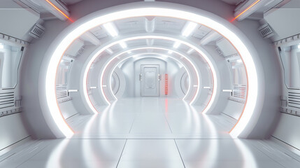 Futuristic corridor with sleek white walls and glowing lights in a high-tech environment