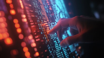 A close-up of a hand coding on a holographic screen in a dark room.